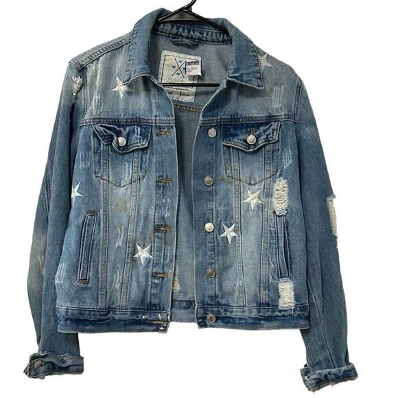 Style Me Distressed Denim Jacket Size S Embroidered Stars - Picture 2 of 6